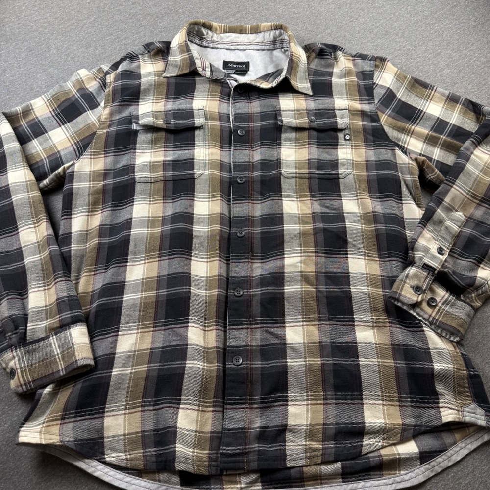 Marmot Mens XL Plaid Flannel Long Sleeve Button Up Shirt Brown Black Gorpcore